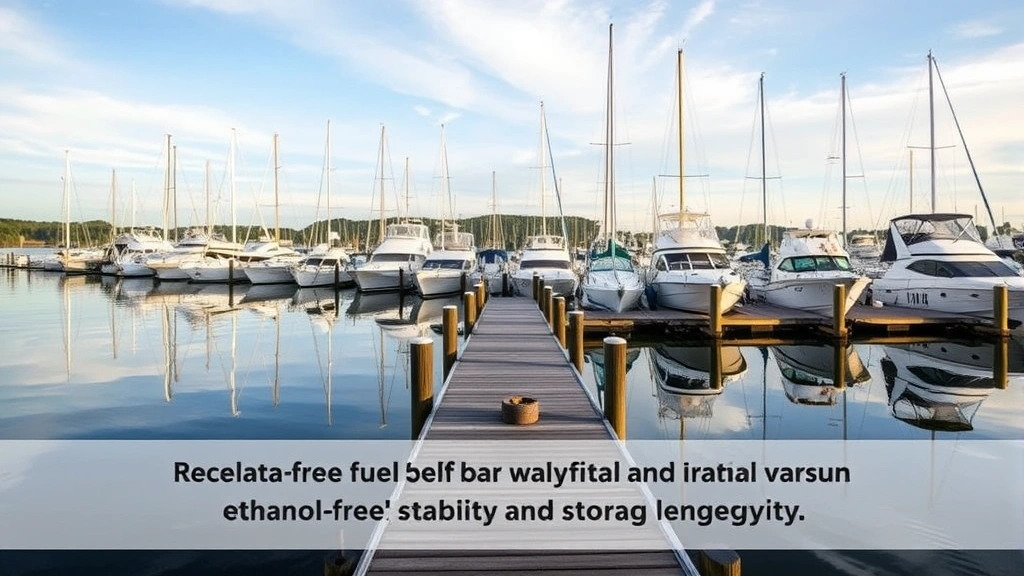 Scenic marina with multiple boats docked at wooden pier, calm water reflecting sky, showcasing recreational vessels that benefit from ethanol-free fuel stability and storage longevity
