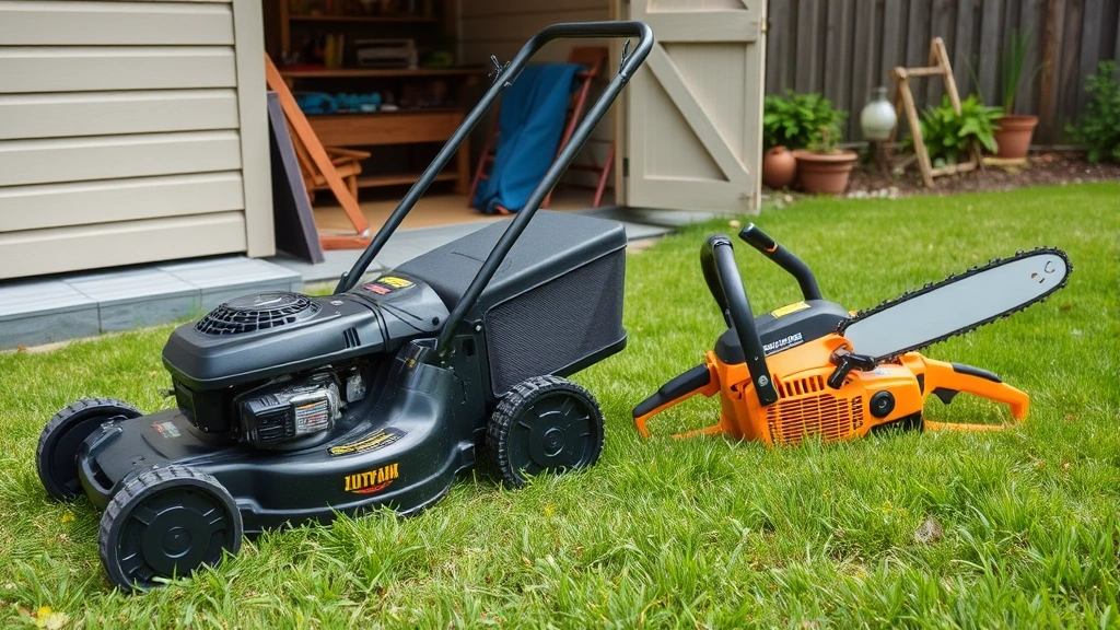 Lawnmower and chainsaw equipment resting on green grass near garden shed, showing small engines requiring ethanol-free fuel maintenance, outdoor scene