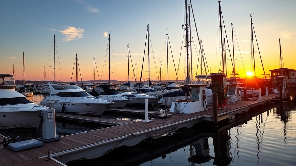 Scenic marina dock at sunset with recreational boats moored alongside, showing fuel pump station and calm water reflections, emphasizing marine fuel storage and stability needs
