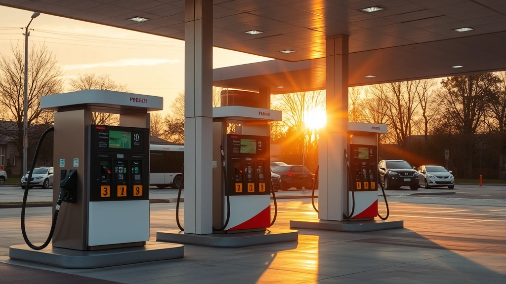 Modern fuel pump station at sunrise with clean pump displays and morning light, highlighting premium fuel options and refueling infrastructure for quality gasoline choices