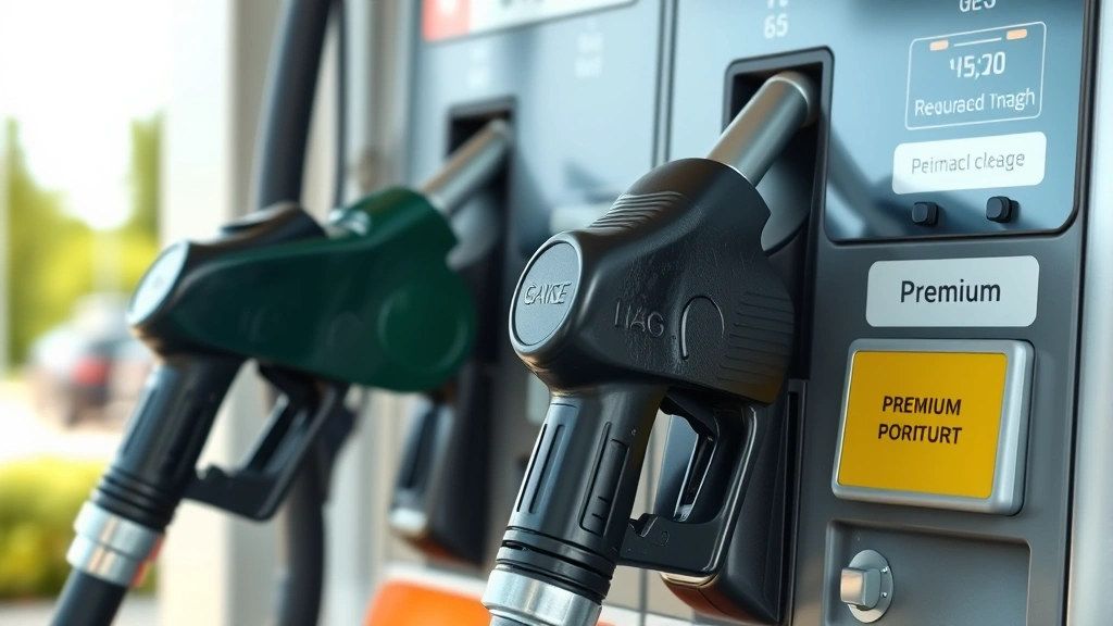 Photorealistic close-up of fuel pump nozzles at gas station showing regular and premium pump handles, premium pump highlighted, natural daylight, no text visible