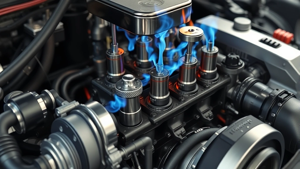 Photorealistic image of modern car engine with visible pistons and cylinders during combustion, blue and orange flame visualization, detailed mechanical components, no labels