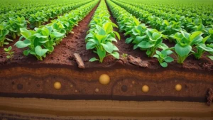 Lush green agricultural field with legume crops and nitrogen-fixing nodules visible in soil cross-section, rich earth tones, sustainable farming landscape, morning light, no text or labels