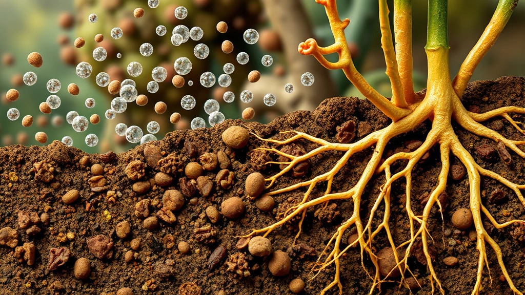 Microscopic view of soil bacteria and mycorrhizal networks supporting plant roots, biological nitrogen fixation visualization, earthy colors, scientific but photorealistic style, no labels