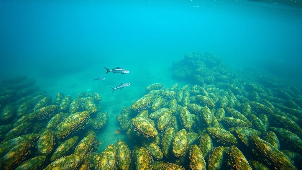 Coastal water ecosystem showing healthy marine life and clear blue water with underwater vegetation and fish, nitrogen-rich but balanced aquatic environment, natural lighting, no signage