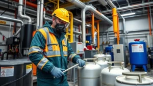 Professional hazardous waste facility worker in safety gear handling fuel containers with proper containment systems and ventilation equipment visible in industrial setting