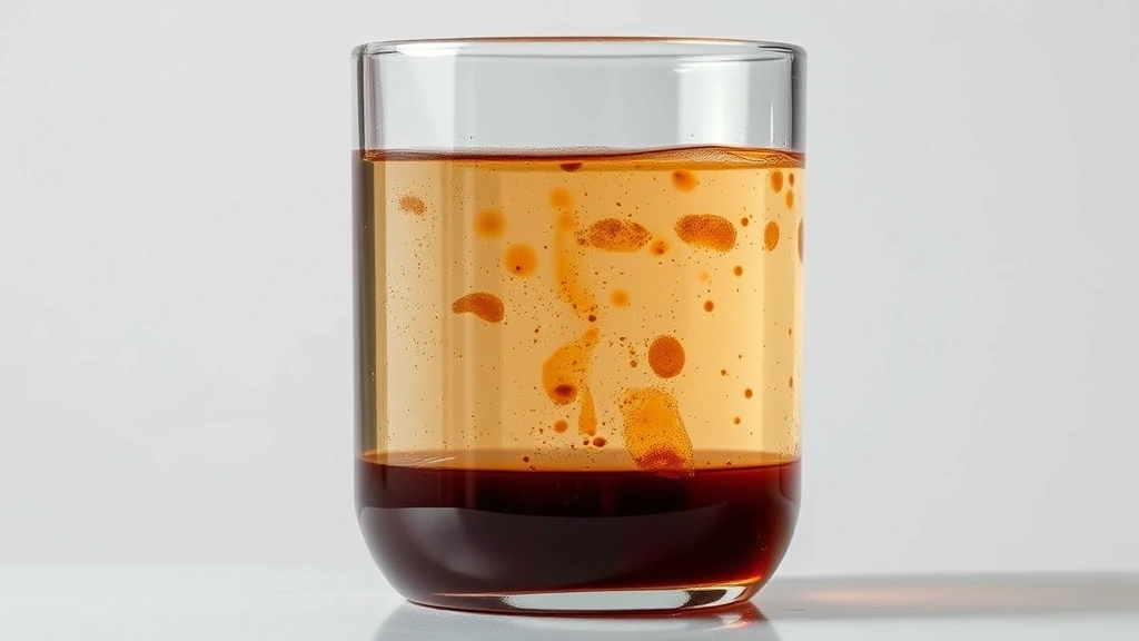 Degraded gasoline showing visible color separation, sediment, and water contamination in clear glass container against neutral background with proper lighting