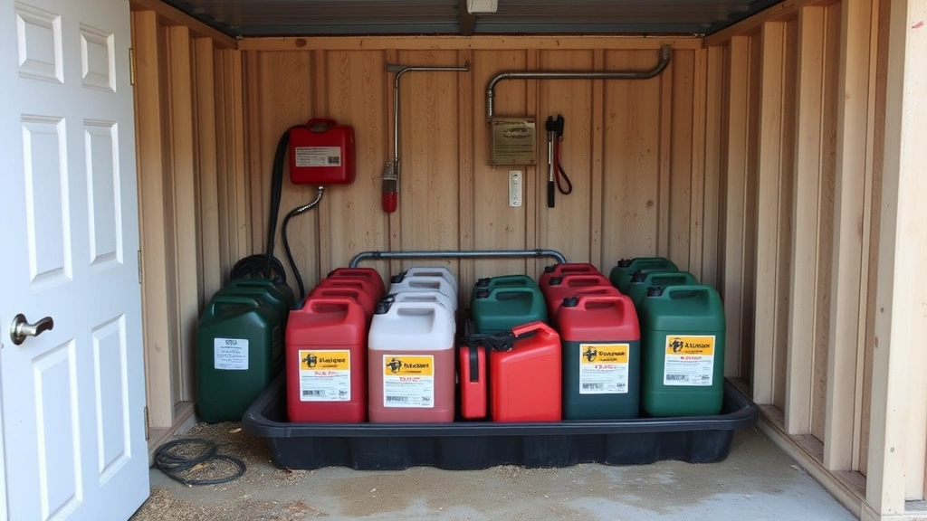 Outdoor storage area with properly labeled gasoline containers in secondary containment tray, locked shed door visible, well-ventilated and away from ignition sources