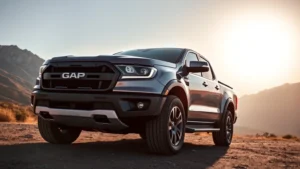 Modern pickup truck parked in natural landscape with mountains, showing aerodynamic design and contemporary styling, sunlight highlighting the vehicle's contours and fuel-efficient features, professional automotive photography