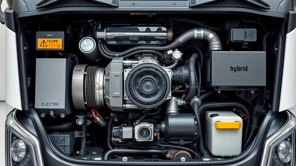 Close-up of advanced hybrid truck engine bay showing electric motor components and modern engineering, technical details visible, clean industrial aesthetic demonstrating mechanical sophistication and efficiency technology