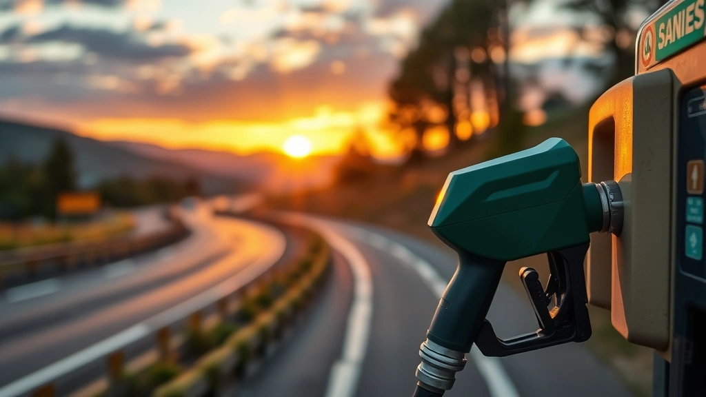 Scenic highway landscape with fuel pump nozzle in foreground, representing cost savings and environmental responsibility, golden hour lighting, emphasizing the connection between fuel efficiency and sustainability