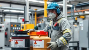 Professional hazardous waste disposal facility worker in protective gear handling clearly labeled fuel containers in a modern industrial setting with safety equipment visible