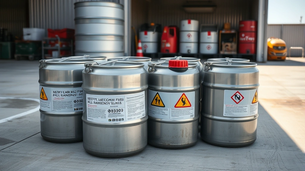 Close-up of properly labeled metal fuel storage cans with warning symbols arranged on a clean concrete surface in a well-ventilated outdoor storage area