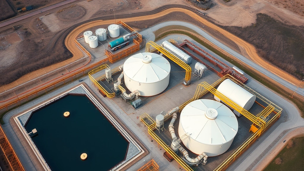 Aerial view of an environmental remediation facility with containment systems, treatment tanks, and safety infrastructure designed for hazardous material processing