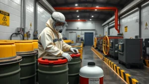 Hazmat worker in protective equipment carefully handling sealed fuel containers in a certified disposal facility with proper secondary containment systems and safety signage visible