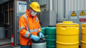 Professional hazardous waste disposal technician in safety gear handling fuel containers at certified facility with proper containment systems and warning signage visible