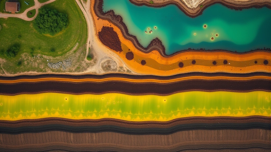 Aerial view of groundwater contamination pattern spreading from improper fuel disposal site, showing environmental damage to soil layers and water table