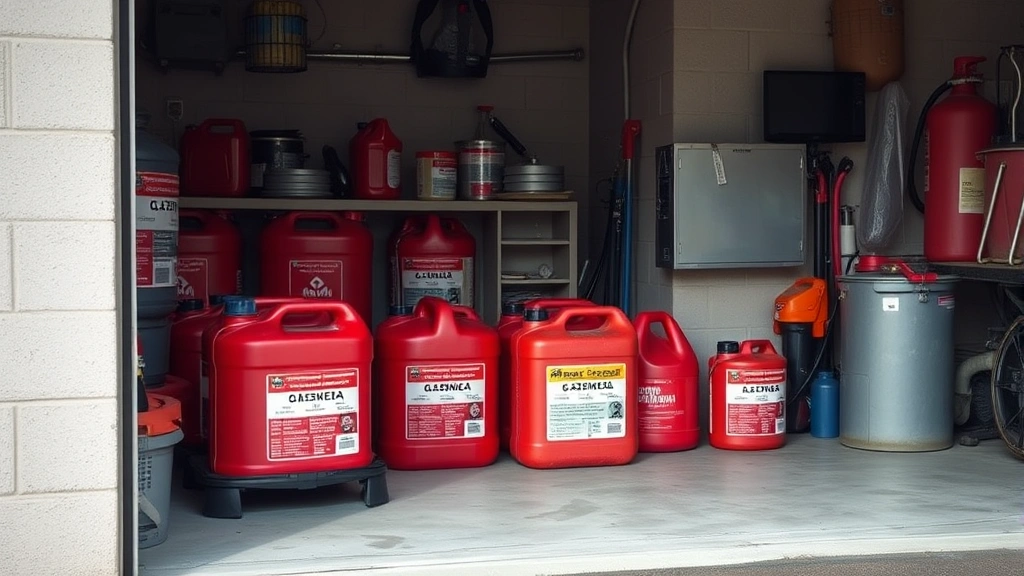 Red approved gasoline containers stored safely in well-ventilated garage area away from heat sources and living spaces with clear labeling