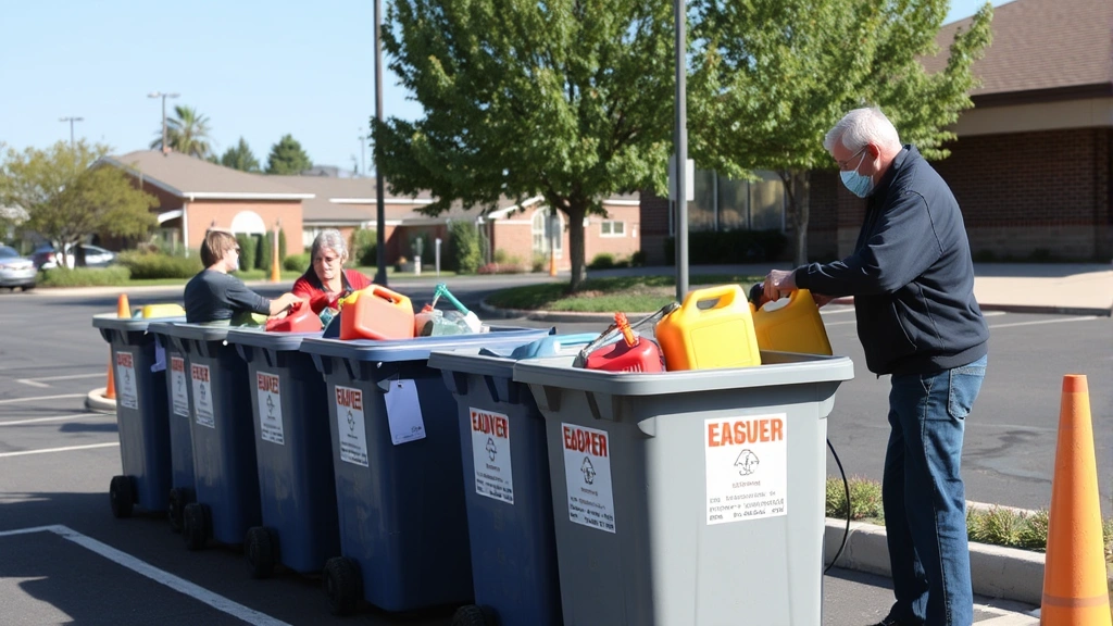 Professional hazardous waste collection event with residents safely depositing old fuel containers into marked collection bins at community center parking lot
