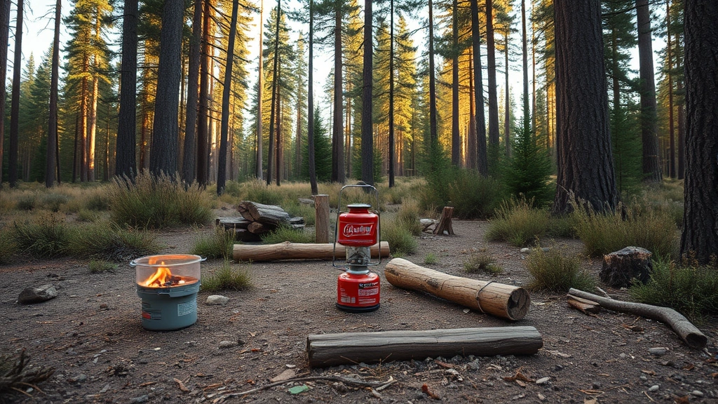 Pristine camping scene with Coleman stove and lantern in wilderness forest clearing surrounded by untouched vegetation and natural landscape