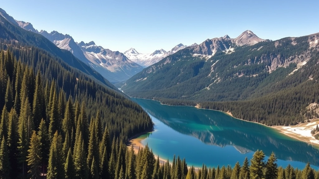 Aerial view of pristine mountain wilderness with dense coniferous forest, crystal-clear alpine lake reflecting surrounding peaks, and untouched natural landscape under bright daylight