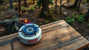 Overhead view of a Coleman white gas stove burner with blue flames igniting on a wooden camping table, surrounded by wilderness forest landscape in soft morning light, no text visible, photorealistic
