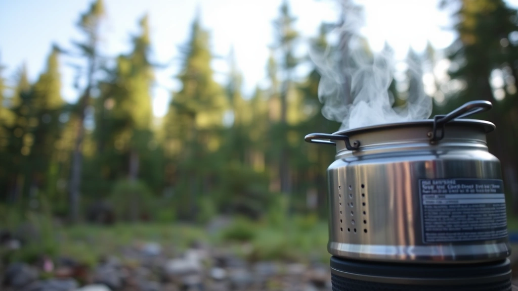 Close-up of eco-conscious camping stove equipment with minimal visible emissions against backdrop of healthy forest trees and clear sky