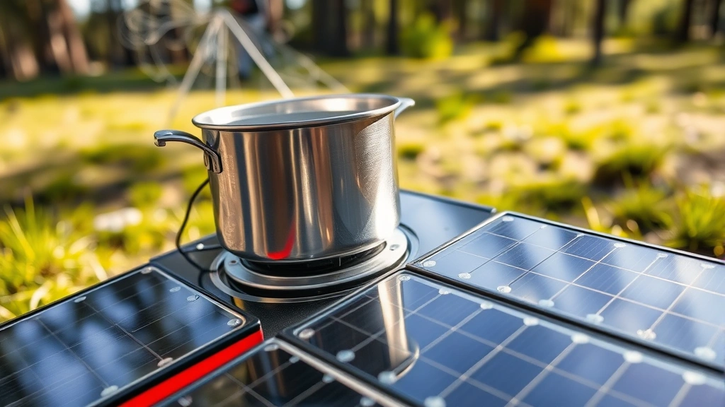 Close-up of solar camping stove with reflective panels concentrating sunlight, pot of boiling water on top, natural outdoor camping setting with trees and grass visible