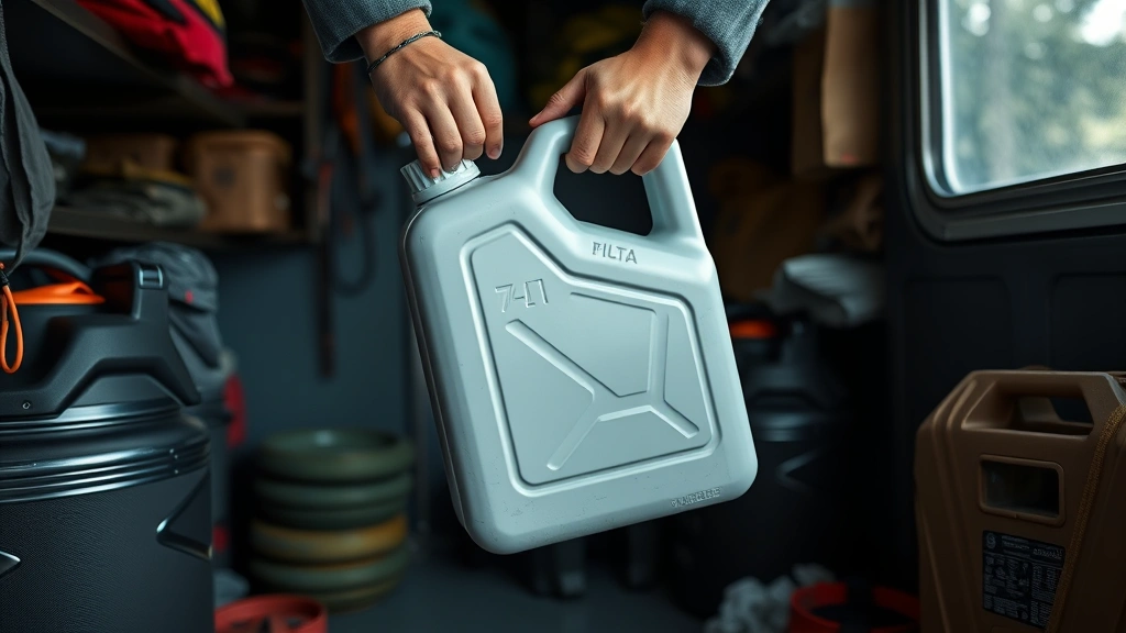 Close-up of hands properly storing a metal white gas fuel container in a cool dark storage area with organized camping equipment, natural lighting from window, photorealistic outdoor gear storage
