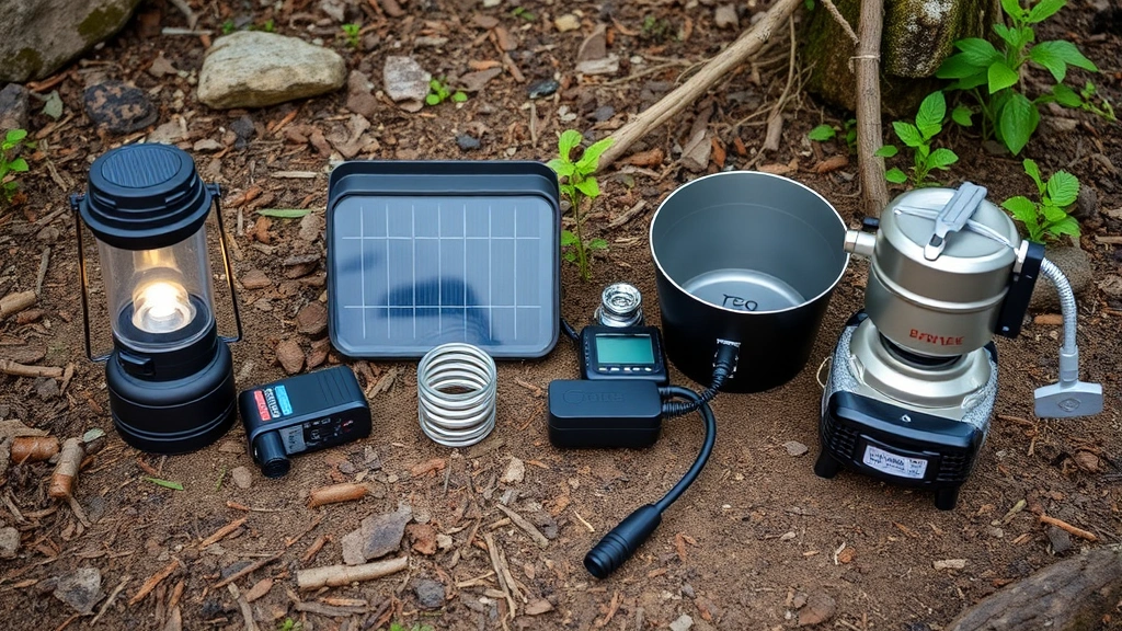Outdoor camping setup displaying multiple fuel alternatives including solar lantern, battery-powered equipment, and traditional white gas stove arranged on natural ground