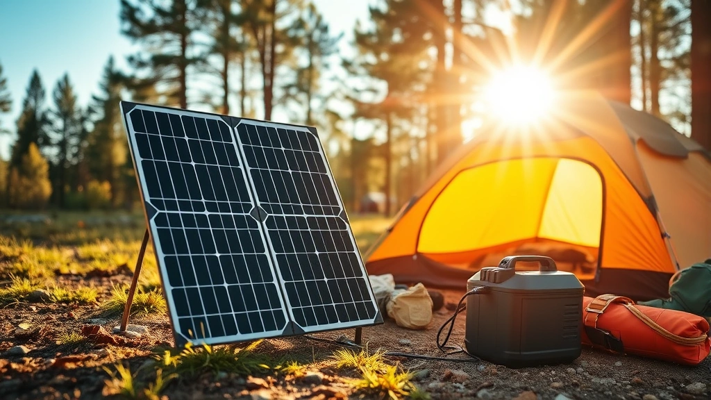 Portable solar panel array charging battery pack in natural outdoor camping environment with tent and gear, bright sunlight illuminating the scene
