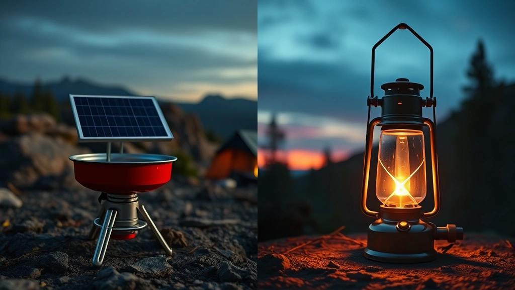 Split-screen comparison showing a modern solar camping cooker on left side and traditional white gas lantern on right side in wilderness campsite at dusk, both functional and glowing, photorealistic