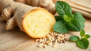 Close-up of fresh ginger root, peppermint leaves, and fennel seeds arranged on natural wooden surface with soft morning light, emphasizing whole natural remedies for digestion