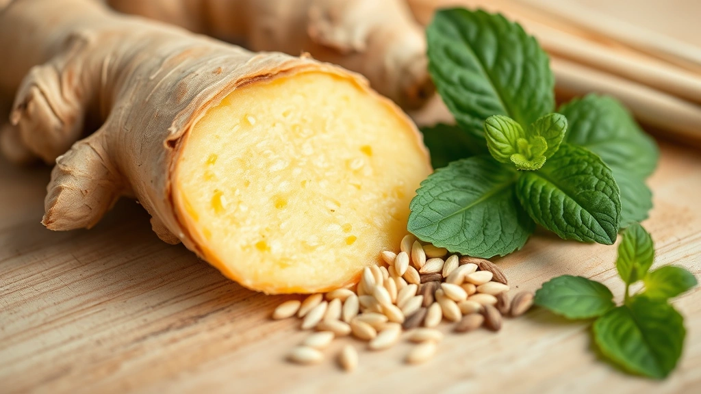 Close-up of fresh ginger root, peppermint leaves, and fennel seeds arranged on natural wooden surface with soft morning light, emphasizing whole natural remedies for digestion