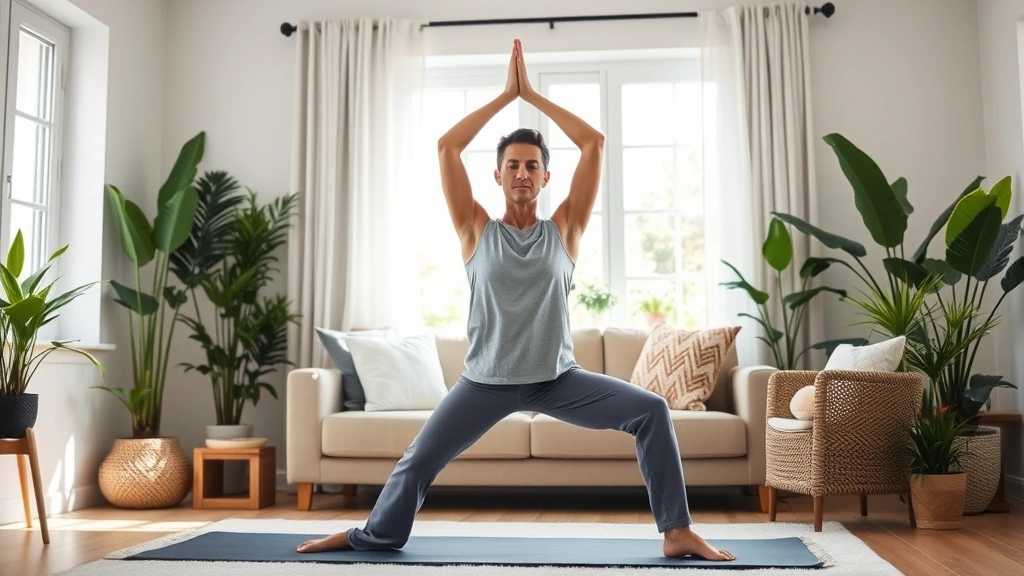 Person practicing yoga or gentle stretching in peaceful living room with plants visible, demonstrating stress reduction and movement for digestive health