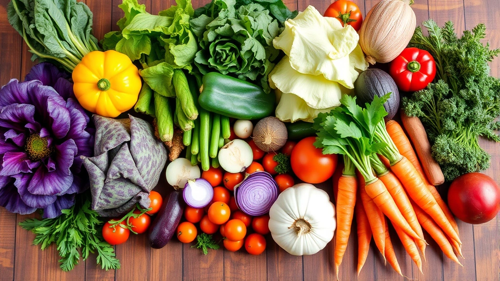 Colorful array of fresh vegetables including leafy greens, carrots, and other produce on rustic wooden table, showcasing whole foods for sustainable digestive wellness