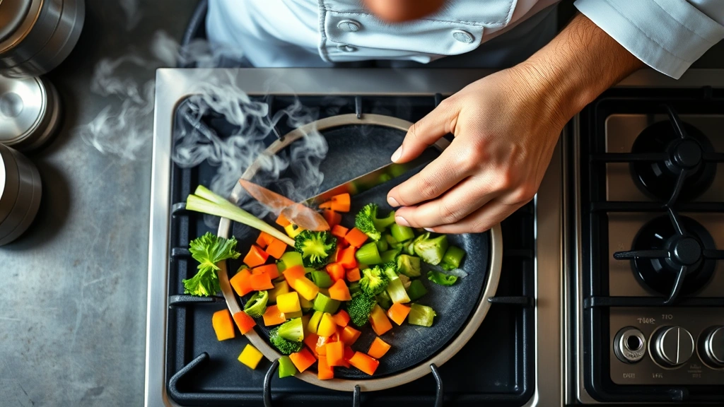 Overhead view of a professional chef preparing vegetables on a gas range burner with steam rising, emphasizing efficient cooking techniques and food preparation