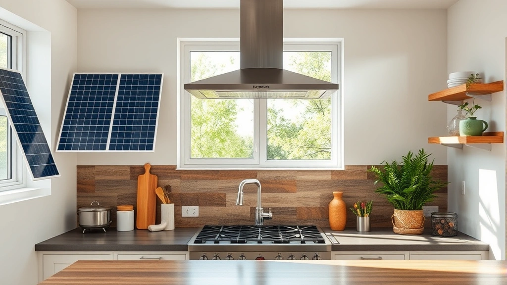 Eco-friendly kitchen featuring integrated renewable energy panels visible through window, modern ventilation system above gas range, and sustainable countertop materials