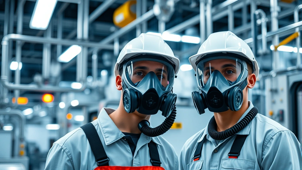 Modern industrial workers wearing contemporary respirators in chemical plant facility with safety protocols, clean room environment, modern safety equipment, glowing hazard warning lights, professional protective gear in action, sustainable workplace safety