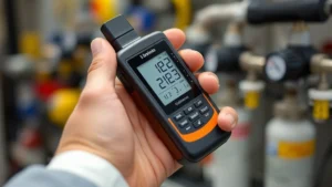 Close-up of technician holding portable multi-gas detector device with digital display showing readings, hand adjusting calibration controls, laboratory or industrial setting background, professional safety equipment visible