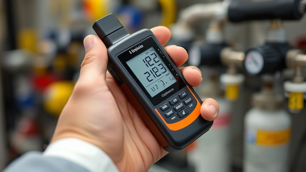Close-up of technician holding portable multi-gas detector device with digital display showing readings, hand adjusting calibration controls, laboratory or industrial setting background, professional safety equipment visible