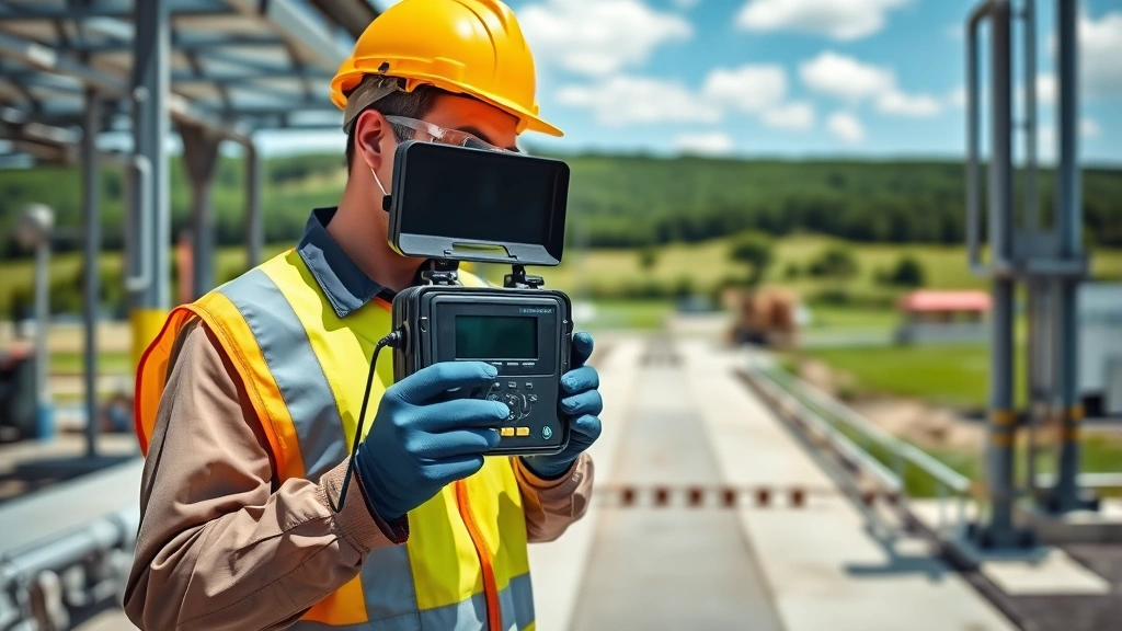Industrial worker in safety gear using portable gas detection calibrator equipment in outdoor facility setting with clear skies and green landscape background