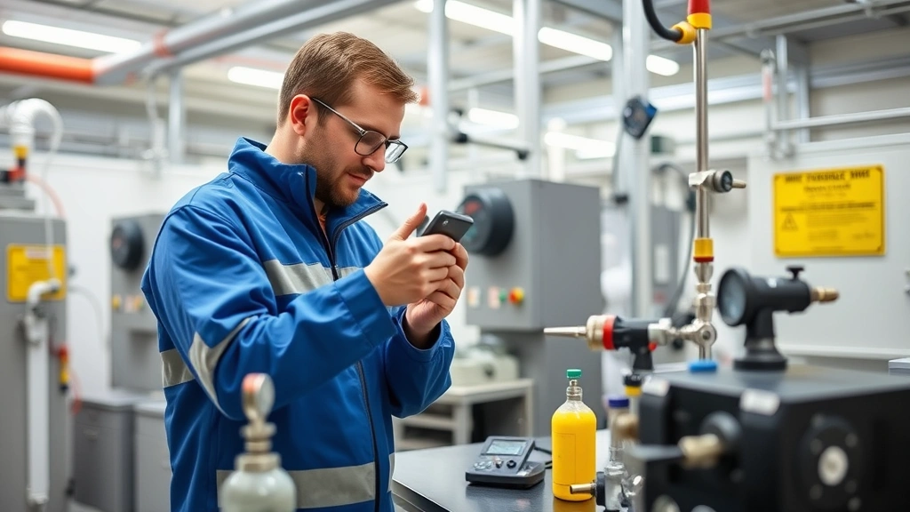Professional industrial technician performing gas detector calibration in a modern laboratory facility with precision testing equipment and safety protocols visible, clean workspace with calibration gases and measurement instruments arranged on workbench