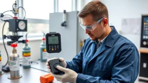 Professional technician carefully calibrating XNX multi-gas detector in modern laboratory with precision equipment and certified calibration gas cylinders, bright natural lighting, detailed sensor adjustment process visible
