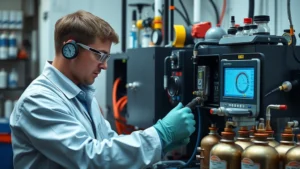 Professional technician in safety lab calibrating multi-sensor gas detection equipment with precision instruments and test gas cylinders, focused concentrated work environment