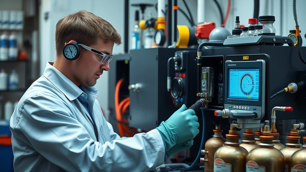 Professional technician in safety lab calibrating multi-sensor gas detection equipment with precision instruments and test gas cylinders, focused concentrated work environment
