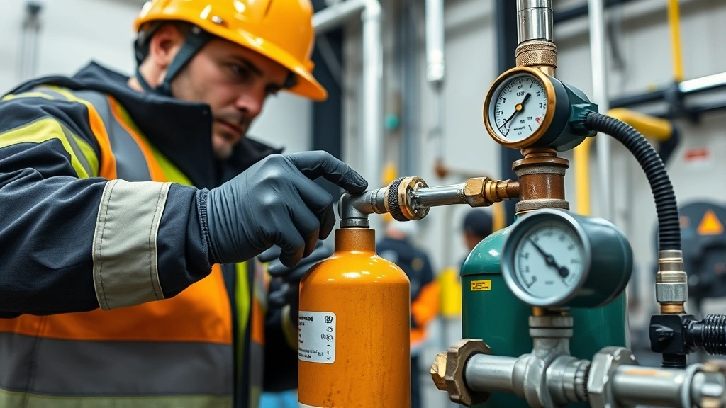 Industrial worker in safety gear performing gas detector bump test with calibration gas cylinder connected via regulator, controlled indoor facility environment, detailed view of equipment connections and flow meter