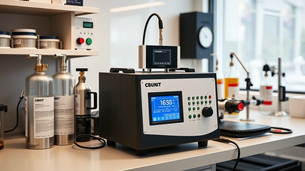 Modern laboratory bench workspace with digital gas detector calibration machine displaying data on screen, surrounded by calibration gas cylinders and testing equipment
