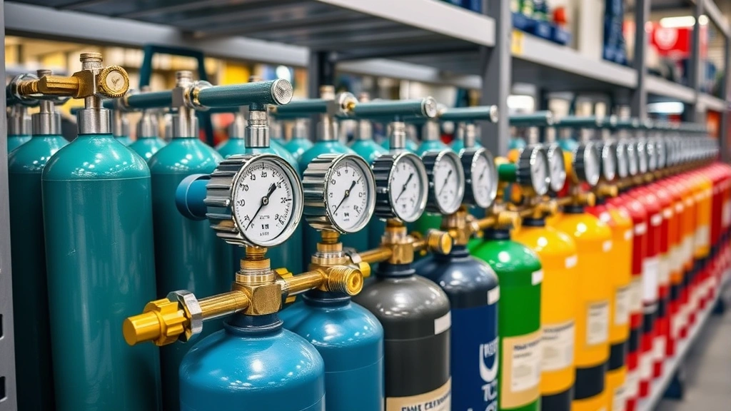 Close-up of certified calibration gas cylinders and regulators arranged on shelving in an industrial facility, showing various colored cylinders for different gas types with pressure gauges, clean professional storage environment