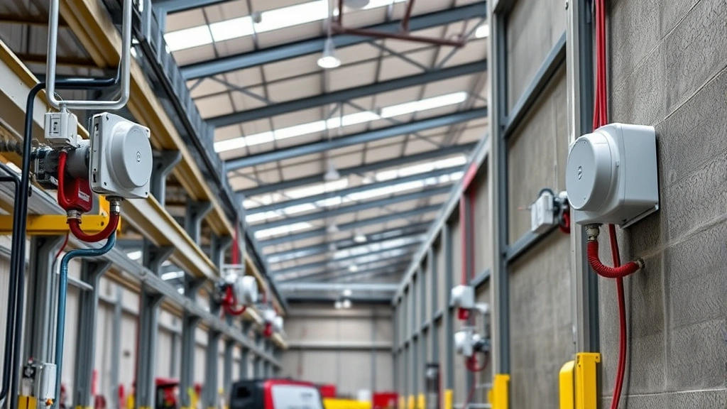 Industrial facility with wall-mounted gas detector units in warehouse setting, showing multiple detection points for comprehensive safety coverage
